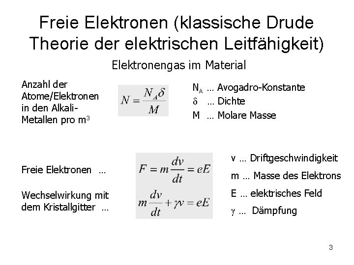 Freie Elektronen (klassische Drude Theorie der elektrischen Leitfähigkeit) Elektronengas im Material Anzahl der Atome/Elektronen