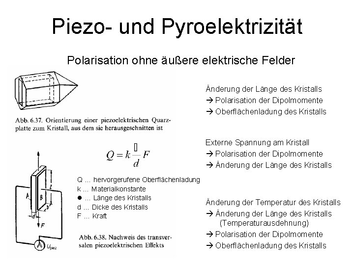 Piezo- und Pyroelektrizität Polarisation ohne äußere elektrische Felder Änderung der Länge des Kristalls Polarisation