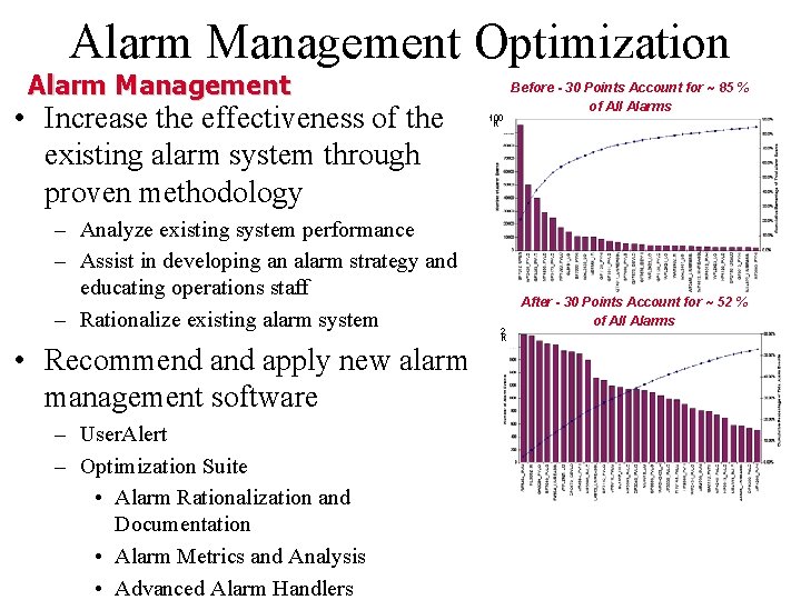 Alarm Management Optimization Alarm Management • Increase the effectiveness of the existing alarm system