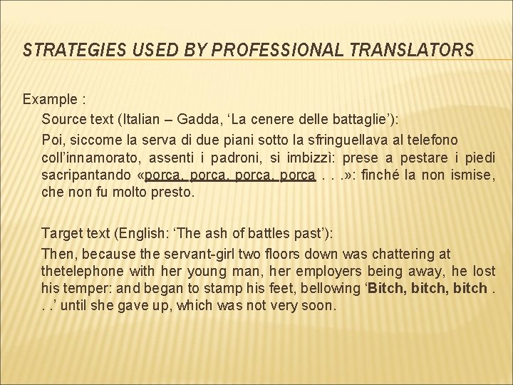 STRATEGIES USED BY PROFESSIONAL TRANSLATORS Example : Source text (Italian – Gadda, ‘La cenere