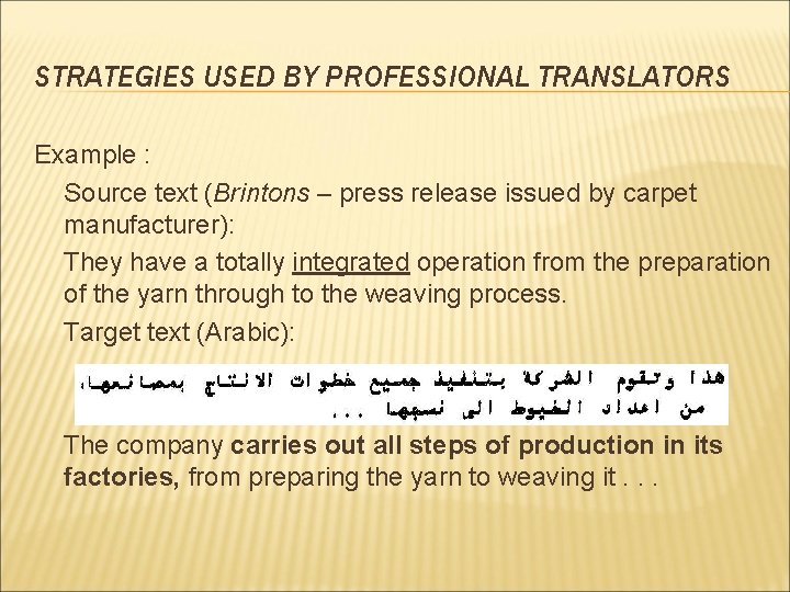 STRATEGIES USED BY PROFESSIONAL TRANSLATORS Example : Source text (Brintons – press release issued