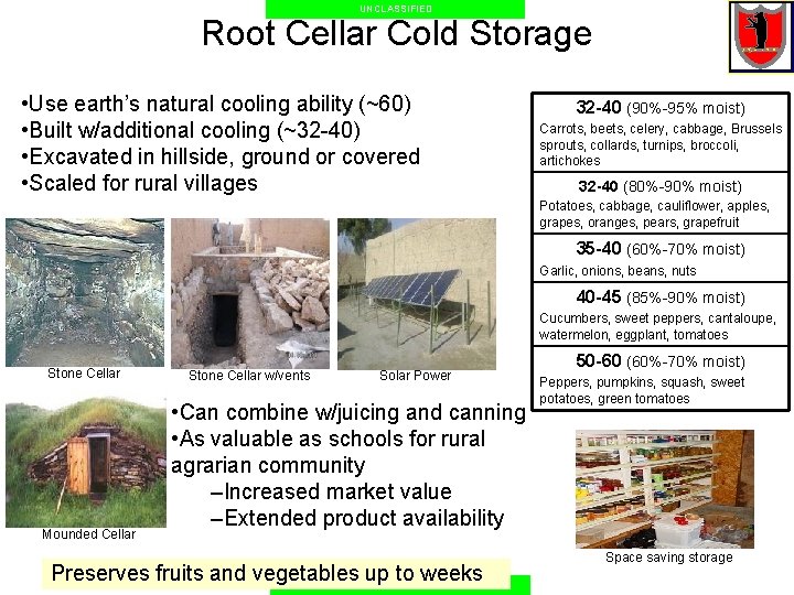 UNCLASSIFIED Root Cellar Cold Storage • Use earth’s natural cooling ability (~60) • Built