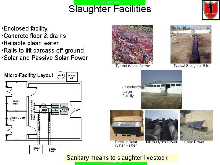 UNCLASSIFIED Slaughter Facilities • Enclosed facility • Concrete floor & drains • Reliable clean