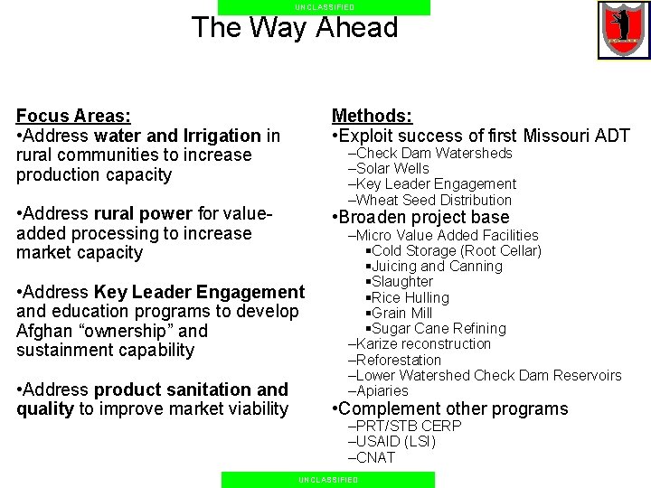 UNCLASSIFIED The Way Ahead Focus Areas: • Address water and Irrigation in rural communities