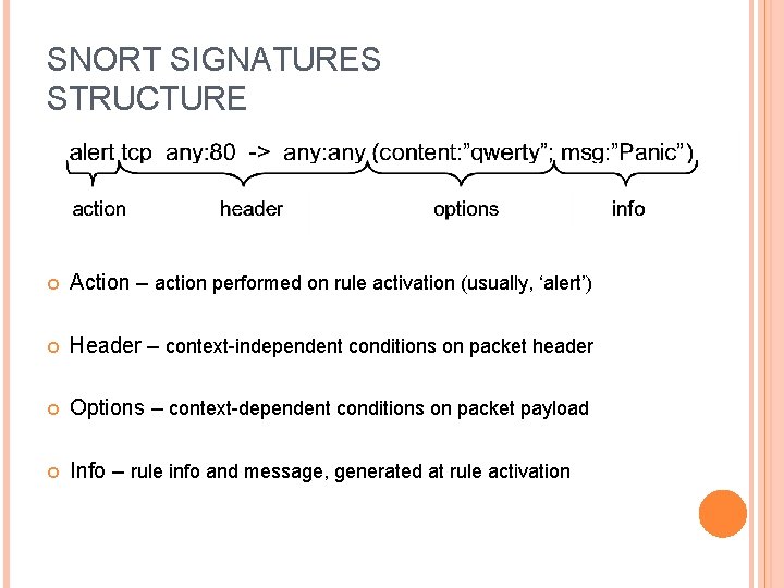 SNORT SIGNATURES STRUCTURE Action – action performed on rule activation (usually, ‘alert’) Header –