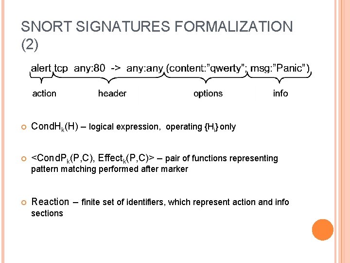 SNORT SIGNATURES FORMALIZATION (2) Cond. Hk(H) – logical expression, operating {Hi} only <Cond. Pk(P,