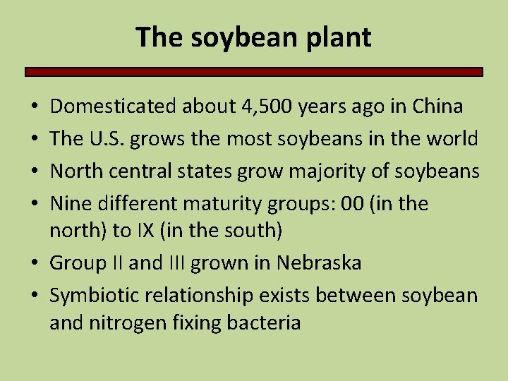 The soybean plant Domesticated about 4, 500 years ago in China The U. S.