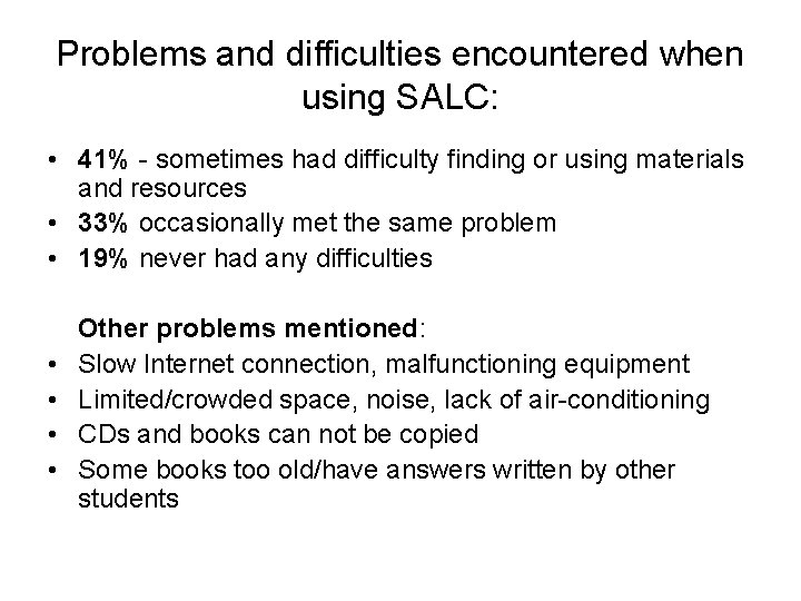 Problems and difficulties encountered when using SALC: • 41% - sometimes had difficulty finding