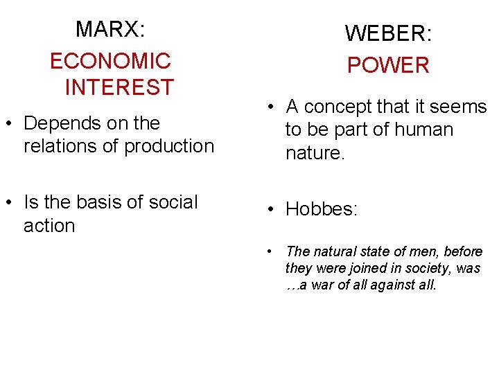 MARX: ECONOMIC INTEREST WEBER: POWER • Depends on the relations of production • A