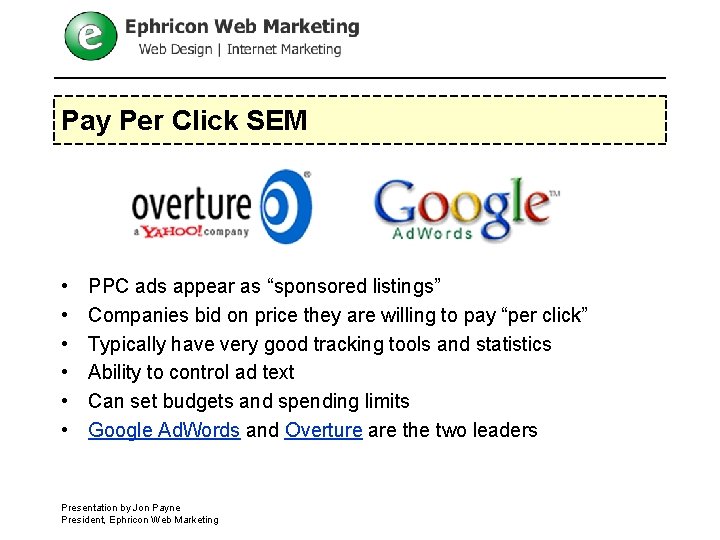 Pay Per Click SEM • • • PPC ads appear as “sponsored listings” Companies Pay Per Click SEM • • • PPC ads appear as “sponsored listings” Companies