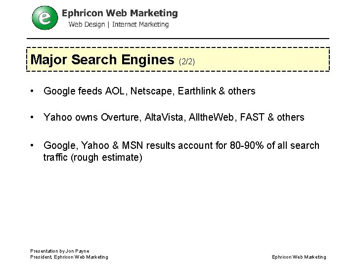 Major Search Engines (2/2) • Google feeds AOL, Netscape, Earthlink & others • Yahoo