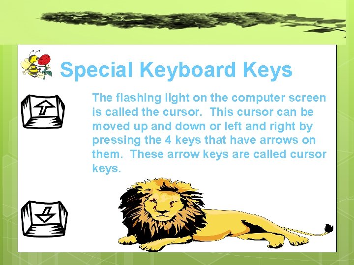 Special Keyboard Keys The flashing light on the computer screen is called the cursor.