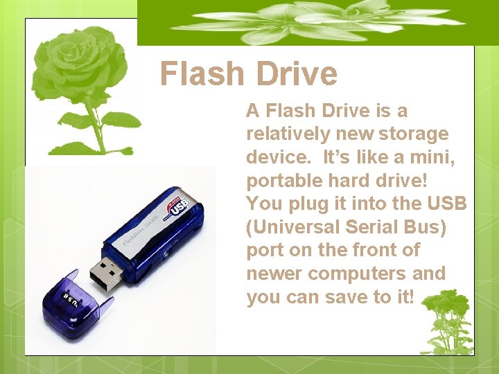 Flash Drive A Flash Drive is a relatively new storage device. It’s like a