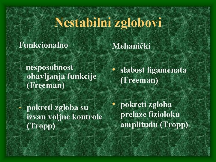 Nestabilni zglobovi Funkcionalno Mehanički - nesposobnost obavljanja funkcije (Freeman) • slabost ligamenata - pokreti