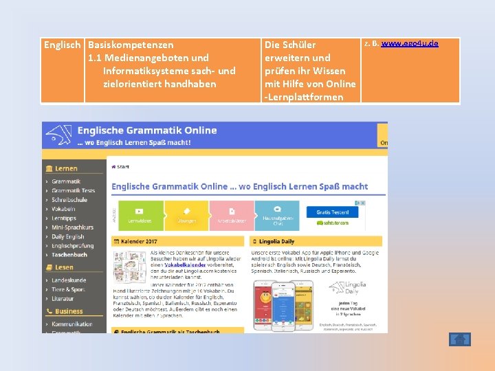 Englisch Basiskompetenzen 1. 1 Medienangeboten und Informatiksysteme sach- und zielorientiert handhaben z. B. www.