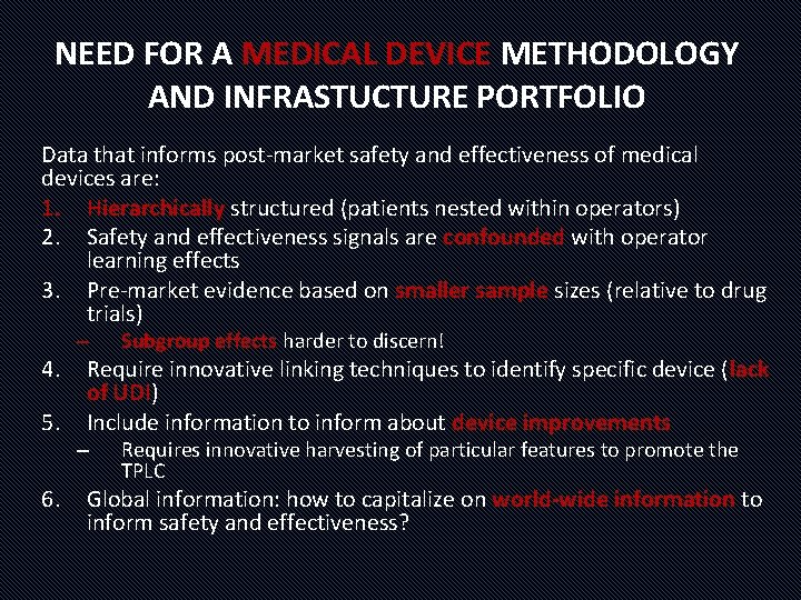 NEED FOR A MEDICAL DEVICE METHODOLOGY AND INFRASTUCTURE PORTFOLIO Data that informs post-market safety