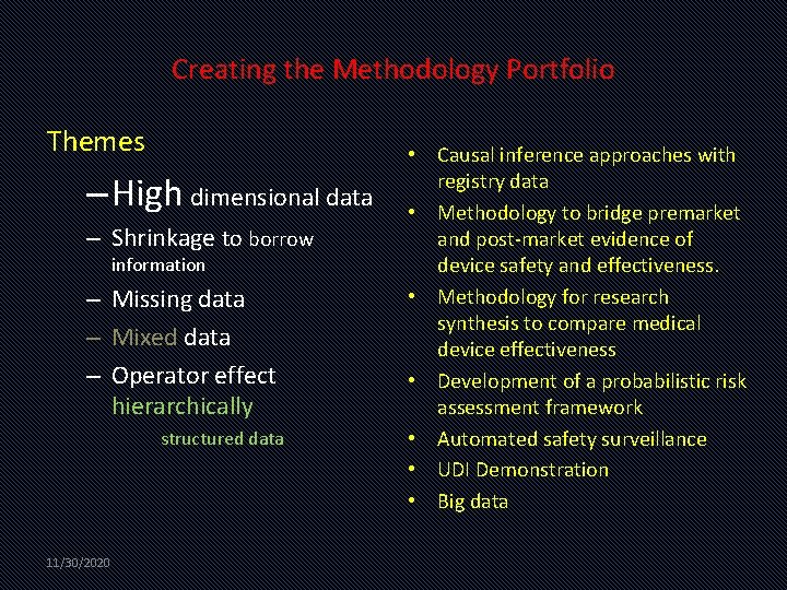 Creating the Methodology Portfolio Themes – High dimensional data – Shrinkage to borrow information