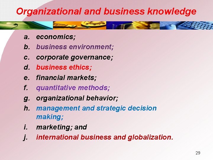 Organizational and business knowledge a. b. c. d. e. f. g. h. i. j.