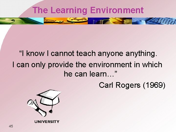 The Learning Environment “I know I cannot teach anyone anything. I can only provide