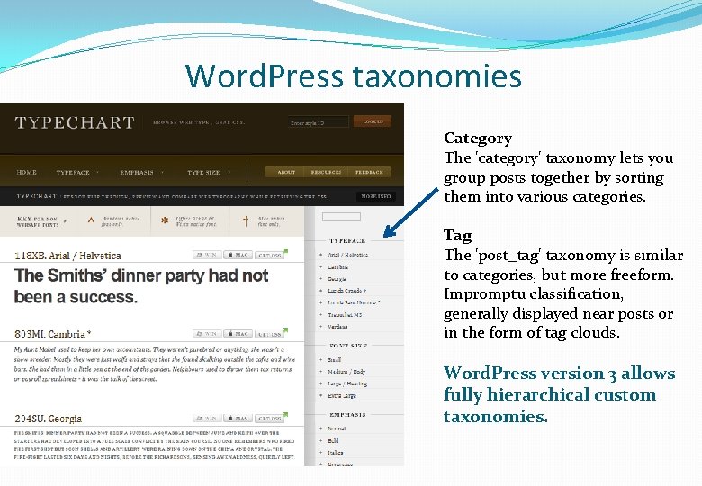 Word. Press taxonomies Category The 'category' taxonomy lets you group posts together by sorting