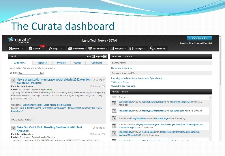 The Curata dashboard 