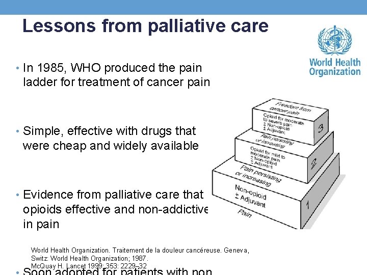 Lessons from palliative care • In 1985, WHO produced the pain ladder for treatment