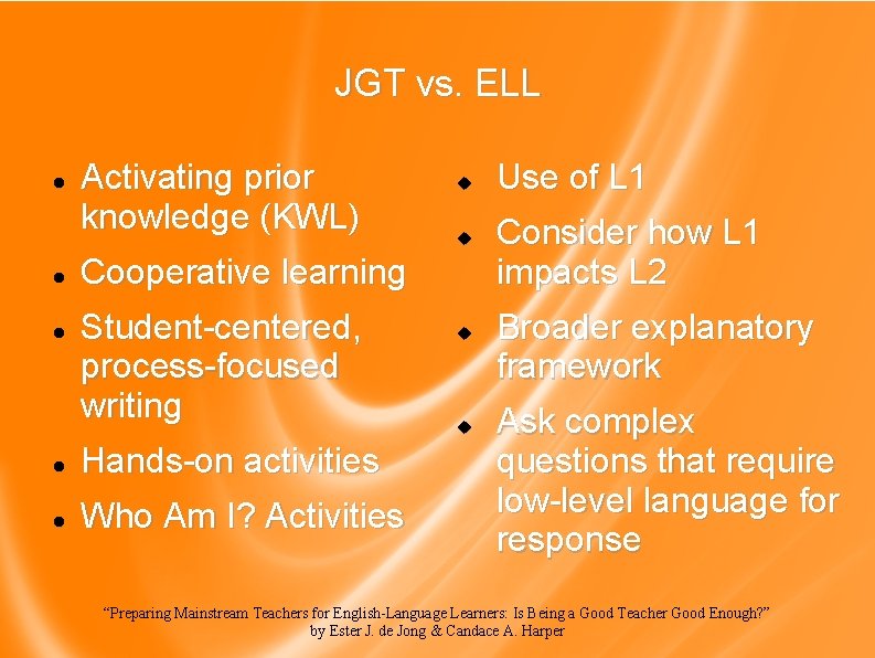 JGT vs. ELL Activating prior knowledge (KWL) Cooperative learning Student-centered, process-focused writing Hands-on activities