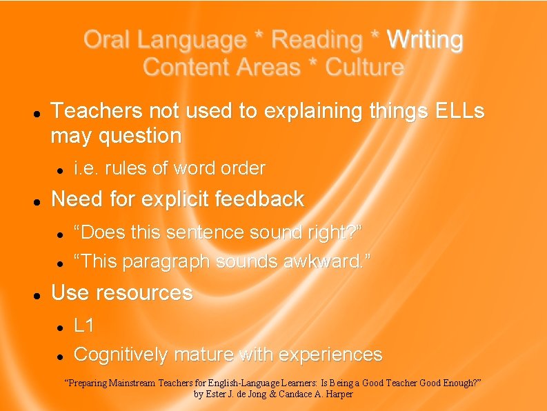  Teachers not used to explaining things ELLs may question Need for explicit feedback