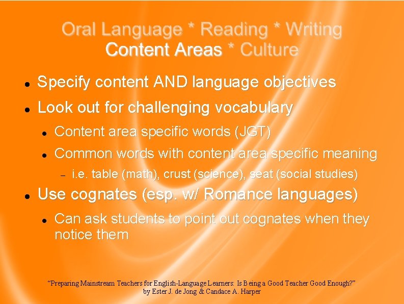  Specify content AND language objectives Look out for challenging vocabulary Content area specific