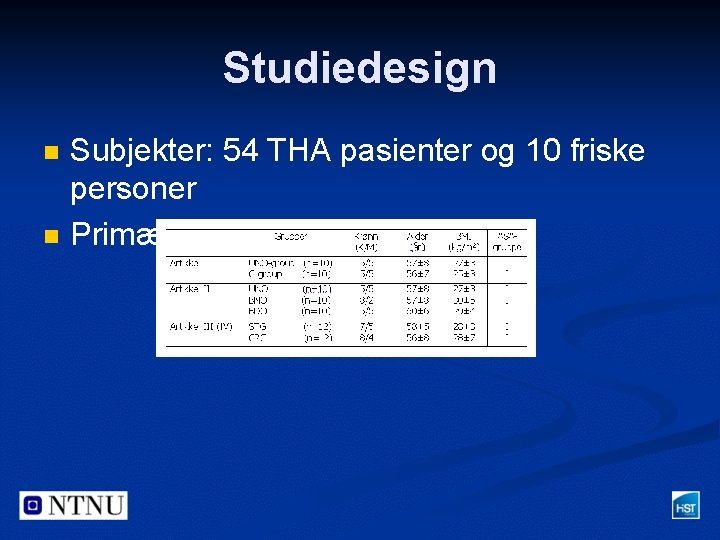 Studiedesign n n Subjekter: 54 THA pasienter og 10 friske personer Primær THA 