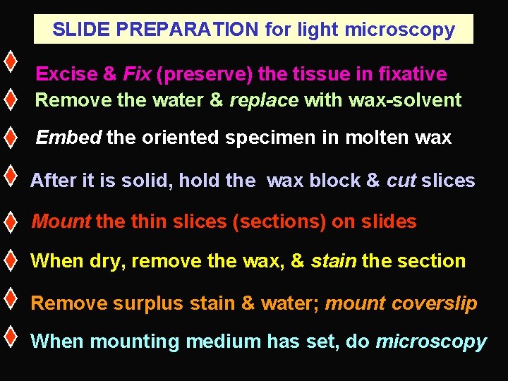 SLIDE PREPARATION for light microscopy Excise & Fix (preserve) the tissue in fixative Remove