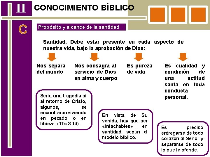 II C CONOCIMIENTO BÍBLICO Propósito y alcance de la santidad Santidad. Debe estar presente