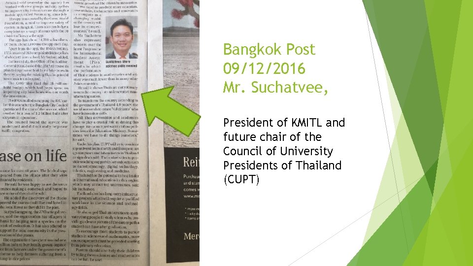 Bangkok Post 09/12/2016 Mr. Suchatvee, President of KMITL and future chair of the Council