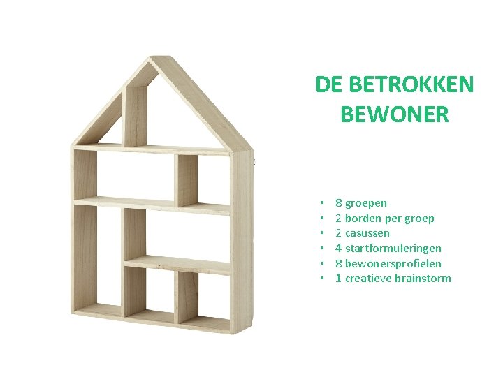 DE BETROKKEN BEWONER • • • 8 groepen 2 borden per groep 2 casussen