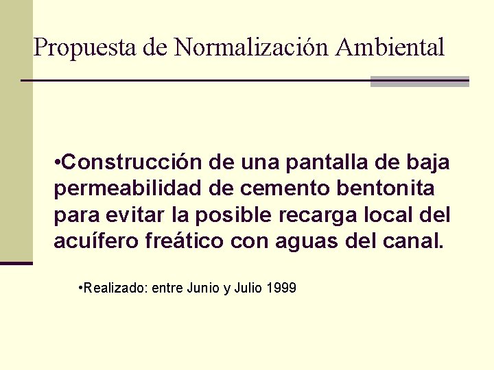 Propuesta de Normalización Ambiental • Construcción de una pantalla de baja permeabilidad de cemento