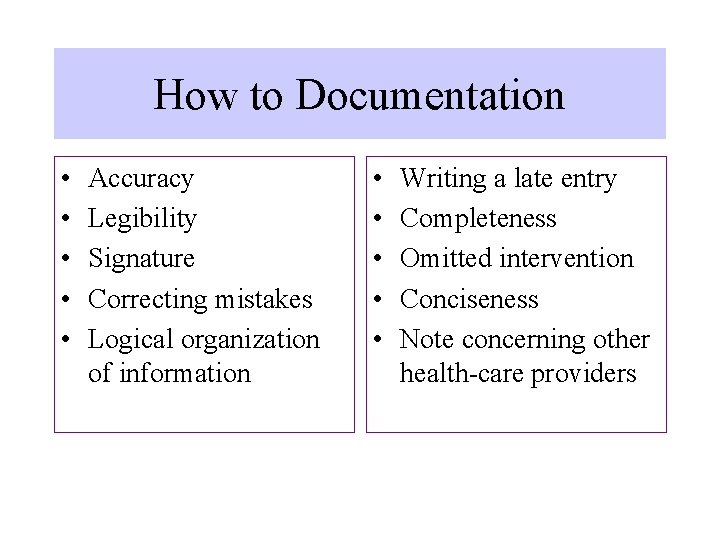How to Documentation • • • Accuracy Legibility Signature Correcting mistakes Logical organization of
