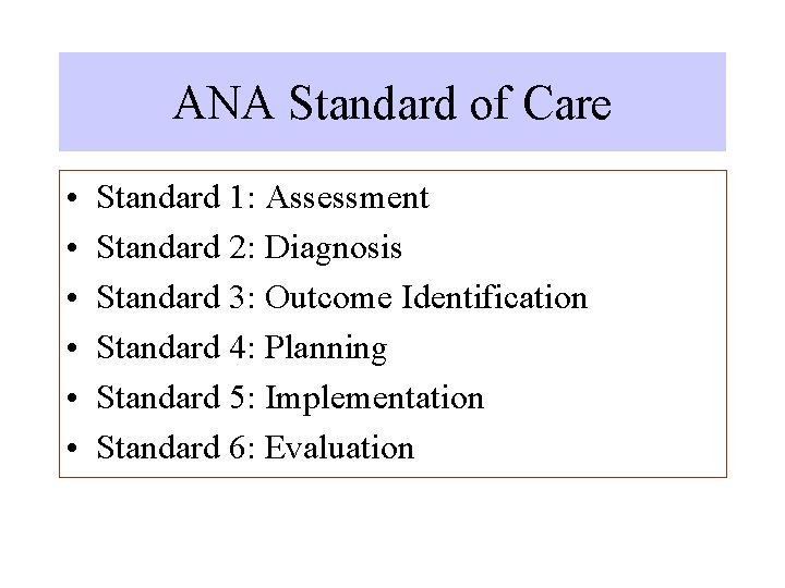 ANA Standard of Care • • • Standard 1: Assessment Standard 2: Diagnosis Standard