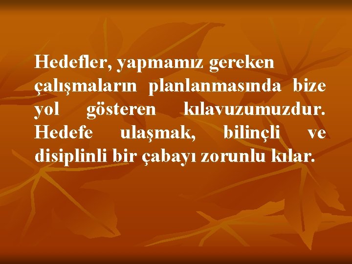 Hedefler, yapmamız gereken çalışmaların planlanmasında bize yol gösteren kılavuzumuzdur. Hedefe ulaşmak, bilinçli ve disiplinli