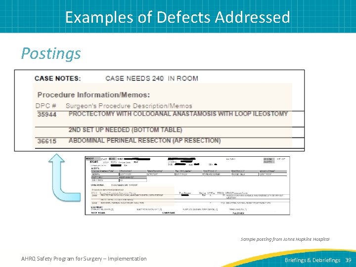 Examples of Defects Addressed Postings Sample posting from Johns Hopkins Hospital AHRQ Safety Program