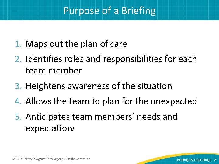 Purpose of a Briefing 1. Maps out the plan of care 2. Identifies roles