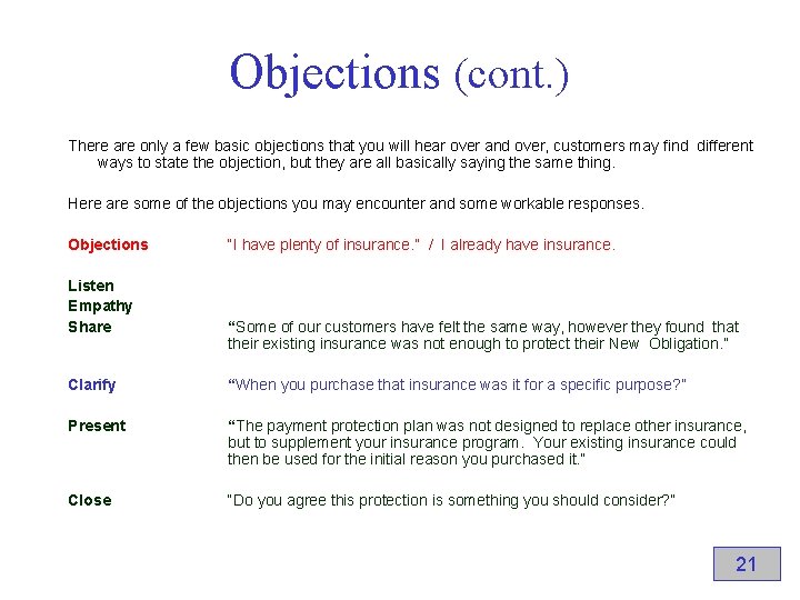 Objections (cont. ) There are only a few basic objections that you will hear