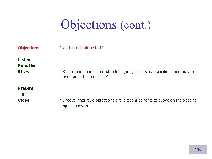 Objections (cont. ) Objections Listen Empathy Share Present & Close “No, I’m not interested.