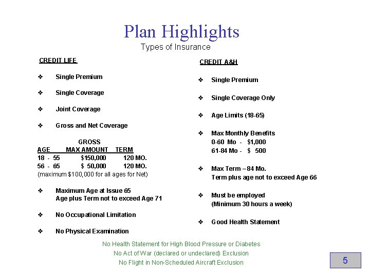 Plan Highlights Types of Insurance CREDIT LIFE v Single Premium v Single Coverage v