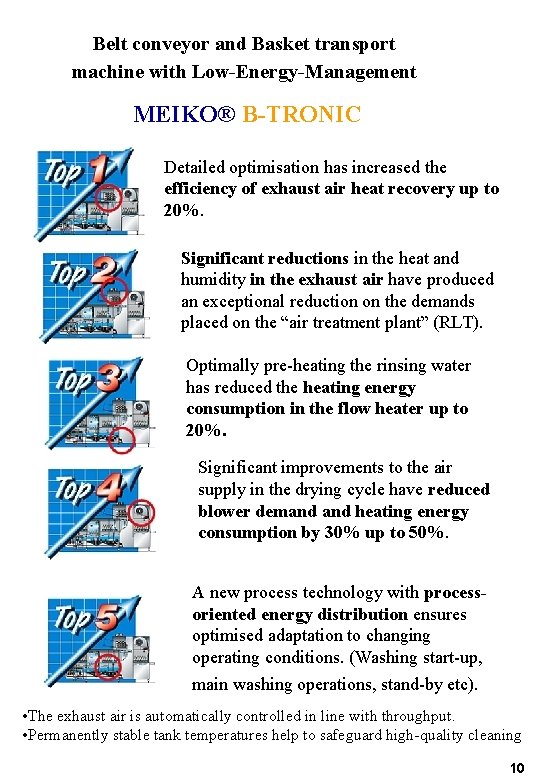 Belt conveyor and Basket transport machine with Low-Energy-Management MEIKO® B-TRONIC Detailed optimisation has increased