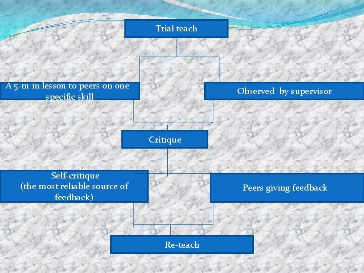 Trial teach A 5 -m in lesson to peers on one specific skill Observed