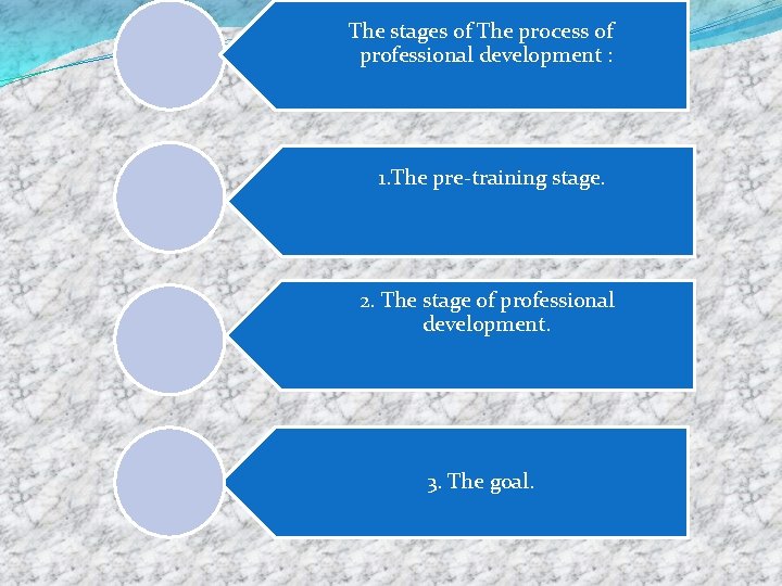 The stages of The process of professional development : 1. The pre-training stage. 2.