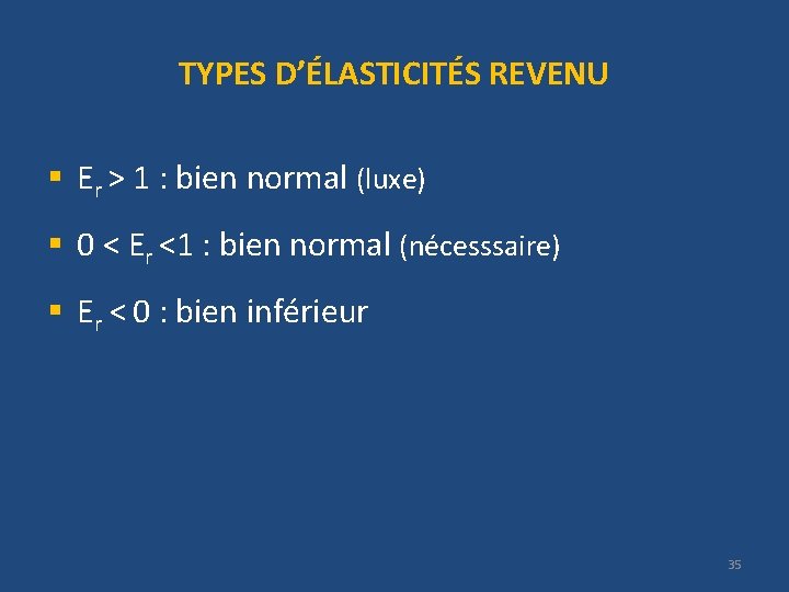 TYPES D’ÉLASTICITÉS REVENU § Er > 1 : bien normal (luxe) § 0 <