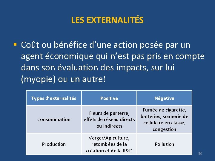 LES EXTERNALITÉS § Coût ou bénéfice d’une action posée par un agent économique qui