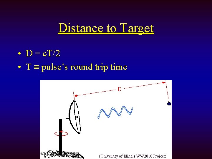 Distance to Target • D = c. T/2 • T pulse’s round trip time