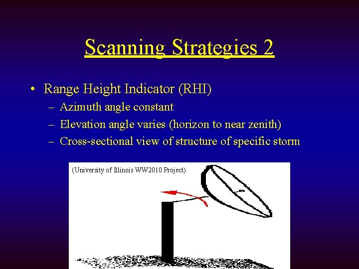 Scanning Strategies 2 • Range Height Indicator (RHI) – Azimuth angle constant – Elevation